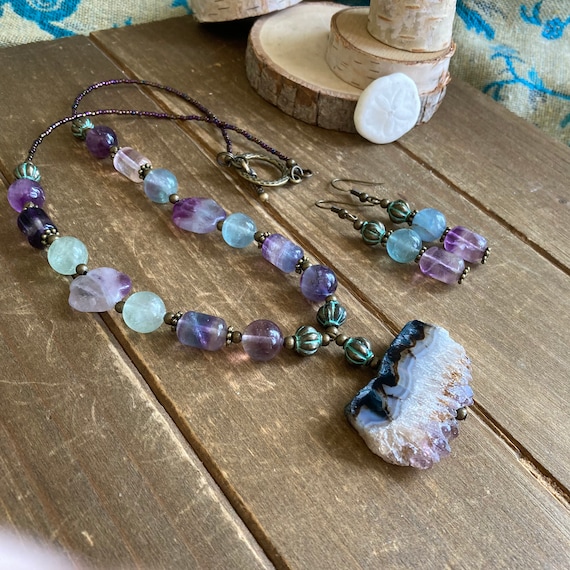 Amethyst necklace set stalactite pendant raw rough purple fluorite earrings set natural stone boho hippie bronze unique jewelry for women 19