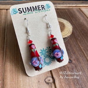Bottle lampwork earrings red handmade floral glass dangle earring artisan boho Swarovski crystal earrings silver gift unique jewelry women