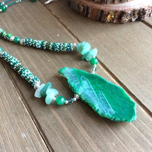 Green necklace stone peyote beaded native handmade necklace aventurine pendant necklace boho hippie gift hippie unique jewelry for women 18