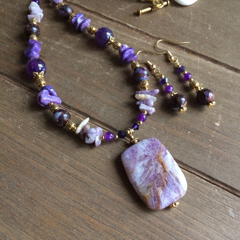 Stone jewelry set necklace earrings purple lepidolite lavender set amethyst crystal handmade beaded boho gift unique jewelry for women SLD