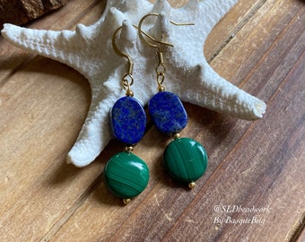 Lapis earrings Malachite gemstone gold earrings dangle birthstone bohemian gift earrings hippie green blue stone unique jewelry for women