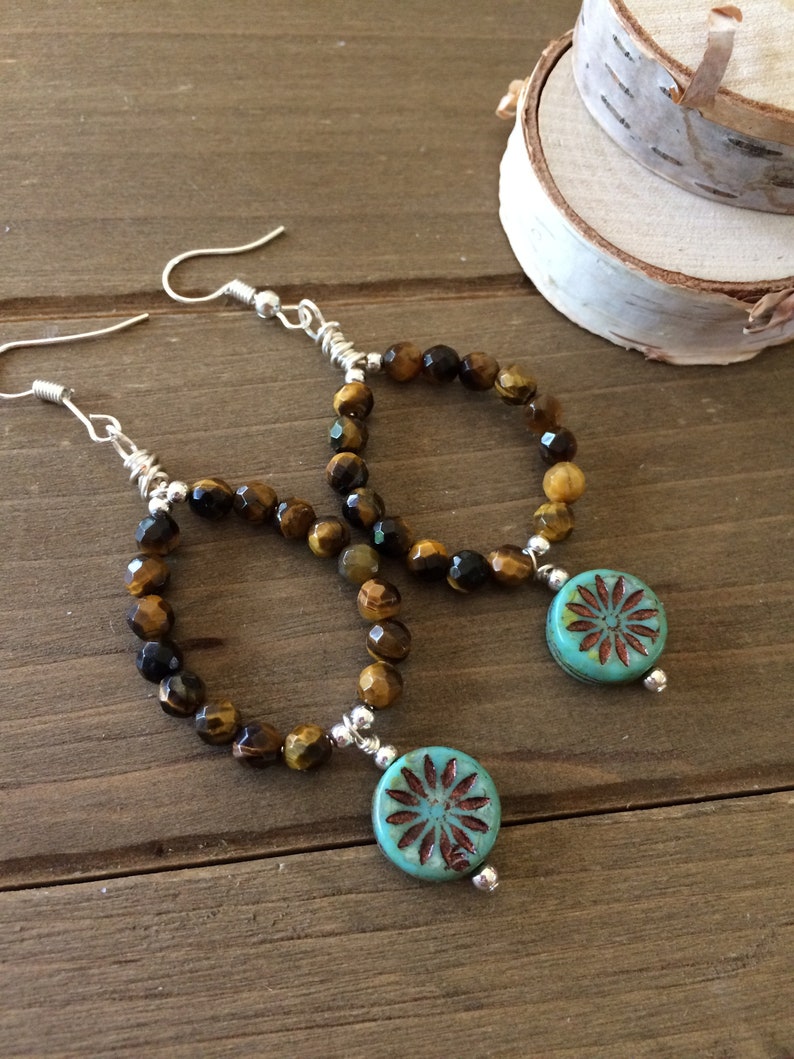 Tiger eye earrings stone dangle earrings boho blue brown earrings wire wrap star handmade silver earring unique jewelry earrings for women
