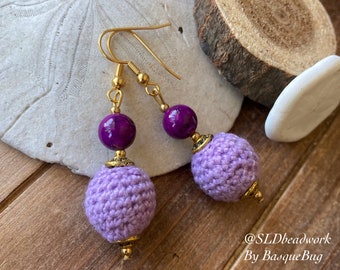 Crochet earrings violet coral earrings beaded handmade earrings dangle fabric art boho jewelry hippie festival unique gold jewelry for women