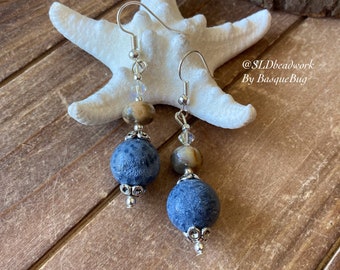 Coral earrings blue stone earrings dangle beach earrings bohemian jewelry hippie crystal earrings surf gift her silver jewelry for women