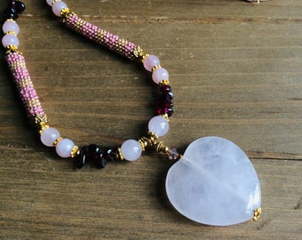 Heart necklace rose quartz birthstone gemstone necklace peyote beaded native pink natural stone necklace boho gold gift jewelry for women 22