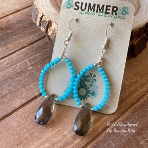 Smokey quartz earrings stone dangle earrings boho blue earrings wire wrap teardrop handmade silver hoop unique jewelry earrings for women