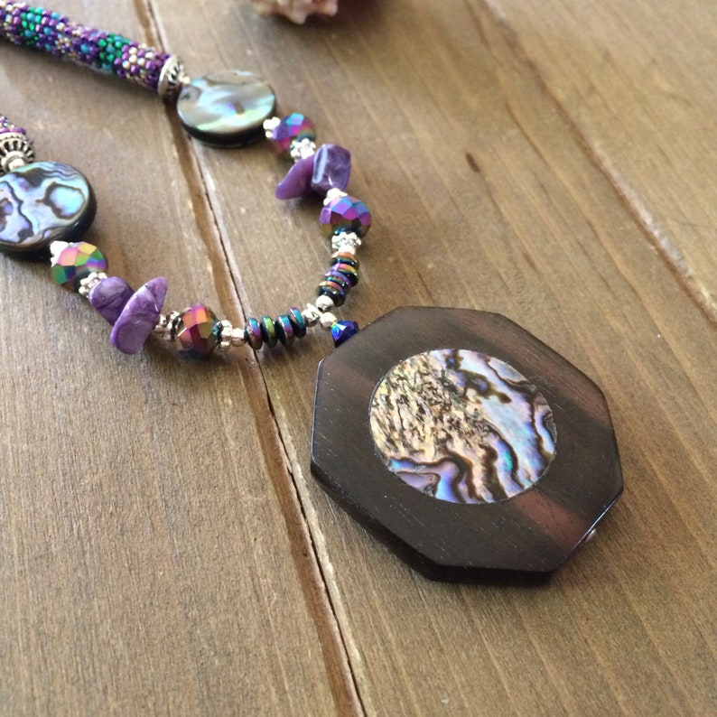 Abalone necklace shell rare kamagong hardwood necklace tribal boho necklace beach tropical gift stone wood necklace unique jewelry women SLD