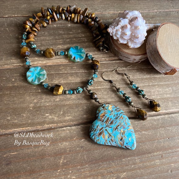 Stone Heart Necklace Set Boho Necklace Earrings Set Blue Agate Bronze Set  Natural Stone Czech Glass Tiger Eye Gift Unique Jewelry Women 20 