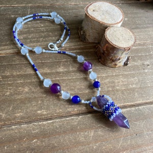 Amethyst necklace wrap beaded jewelry peyote crystal gemstone necklace purple Basque American tribal boho festival hippie gift jewelry women