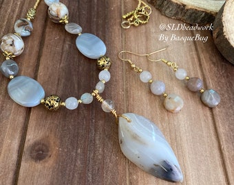 Wedding set white lace agate necklace earrings set bridal stone set boho gold bead set handmade Crystal Gift set unique jewelry for women