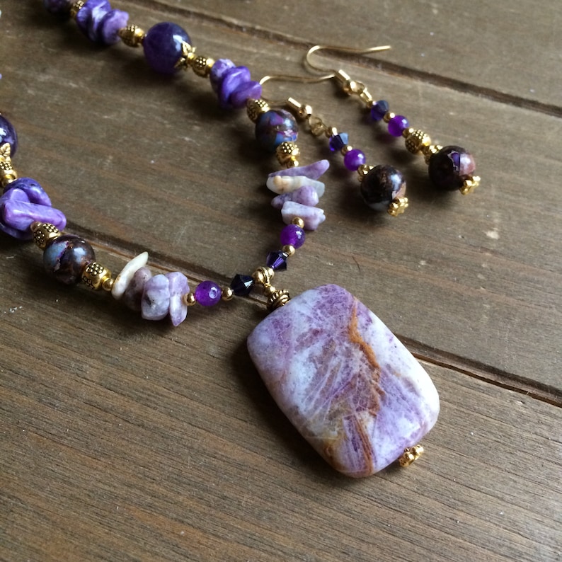 Stone jewelry set necklace earrings purple lepidolite lavender set amethyst crystal handmade beaded boho gift unique jewelry for women SLD