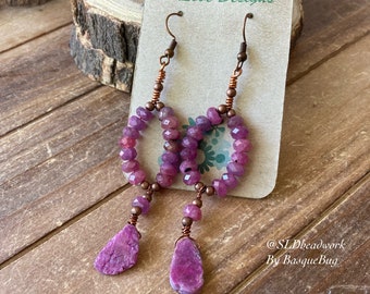 Ruby earrings raw natural earrings gemstone pink jewelry birthstone copper wire hoop bohemian jewelry hippie handmade drop jewelry for women