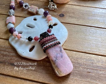 Pink opal necklace wrap hippie style boho natural stones sapphire tribal style Native peyote beaded necklaces gifts silver jewelry women