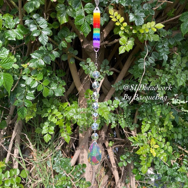 Sun catcher hanging crystal prism window sun handmade ornament rear view mirror charm art decor Swarovski peyote seed beaded rainbow gift