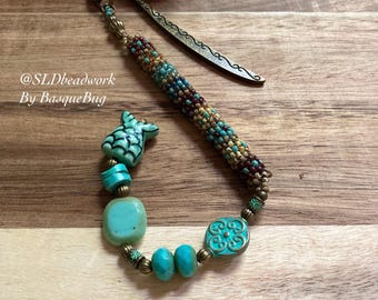 Handmade bookmark stone phish turquoise fish bronze boho bookmarks beaded peyote Native style tribal gift read unique jewelry gifts unisex