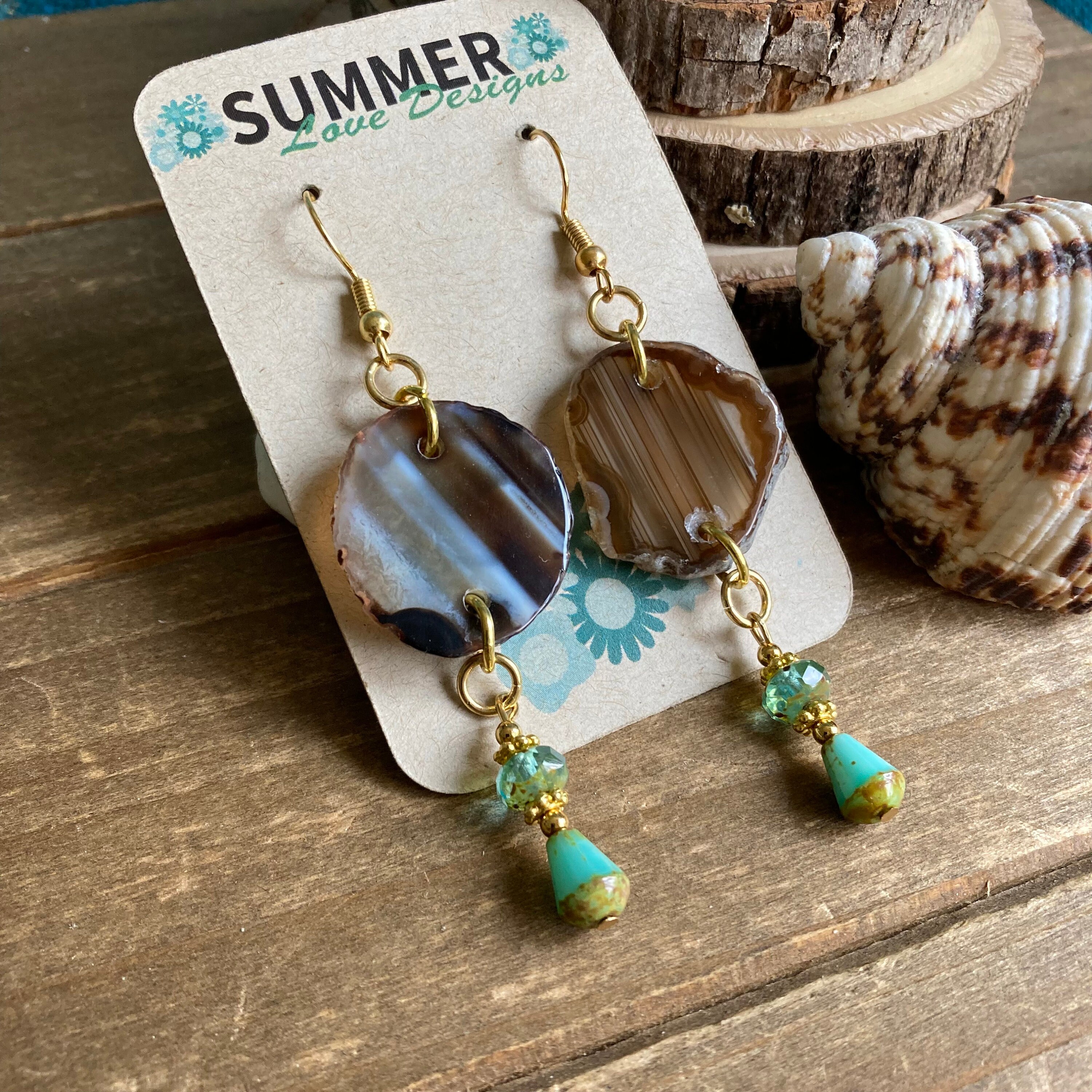 Agate Earrings Boho Natural Stone Earrings Gold Sliced Stone - Etsy