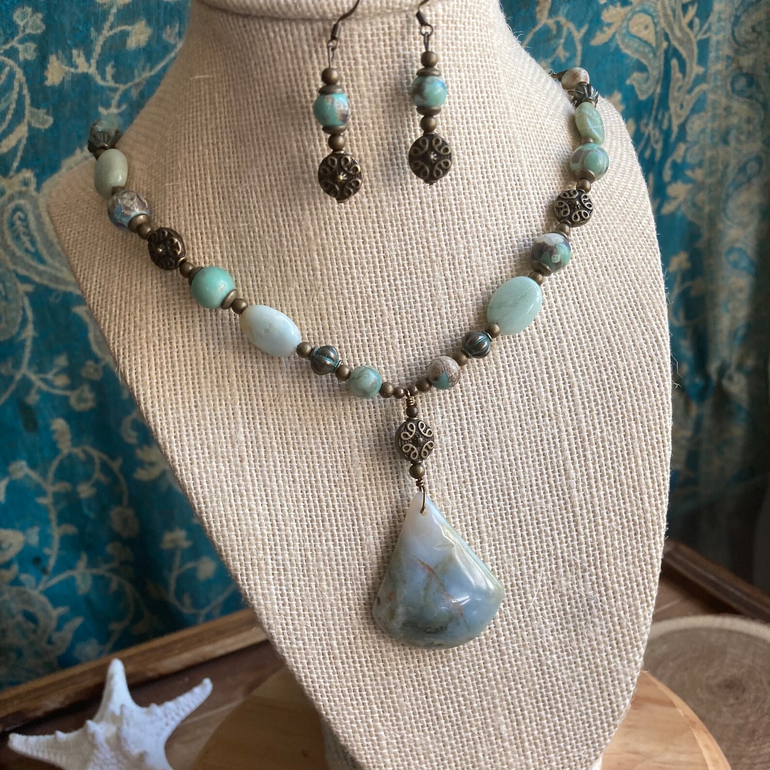 Picture Jasper & Amazonite Long Beaded Necklace w/ Crystal Pendant 262r