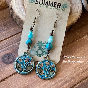 Baum des Lebens Ohrringe Bronze Medaille Ohrringe boho blau Ohrringe Stein handgemacht Ohrringe Geschenk Meditation Schmuck Ohrringe für Frauen