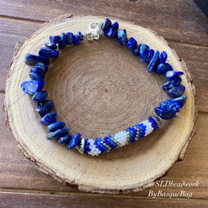 Lapis bracelet blue peyote bracelet Native beaded blue gemstone bracelet boho tribal bracelet birthstone silver unique jewelry for women men