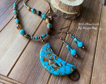 Moon necklace set boho necklace earrings set blue agate copper set celestial natural stone blue set pietersite gift unique jewelry women 20