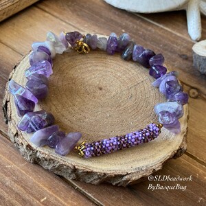Peyote beaded bracelet Amethyst quartz crystal native bracelet stone purple bracelet boho hippie tribal bracelet gold unique jewelry women