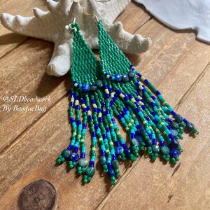 Chrysokoll Fächer Ohrringe blau boho ziegel stein ohrringe handgemachte fransen eingeborene stil steine grün samen schmuck