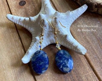 Blue sodalite earrings gold crystal handmade jewelry oval stone earrings dangle drop bohemian unique gift her jewelry earrings for women