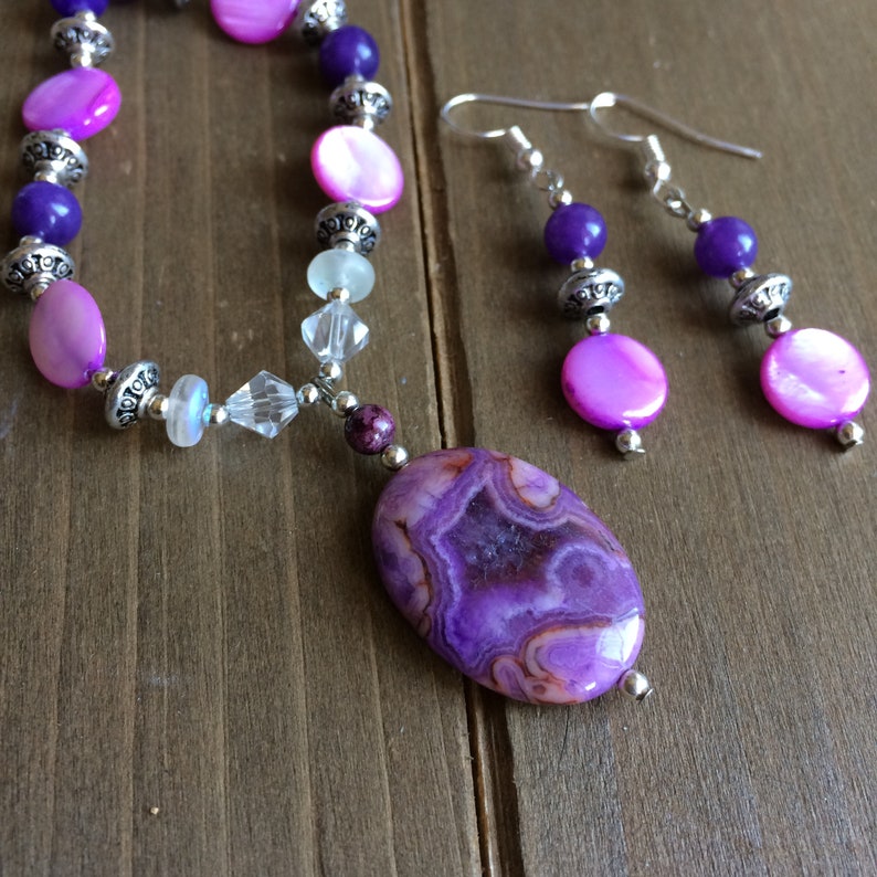 Purple crazy lace agate jewelry set natural stone necklace earrings set pink violet shell beaded boho tribal unique jewelry for women SLD