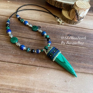 Malachite beaded necklace green stone necklace native tribal necklace pendant boho necklace Lapis silver boho horn unique jewelry women men