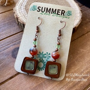 Carnelian earrings resin lightweight earrings green square tribal earrings dangle boho copper Swarovski crystal jewelry earrings for women