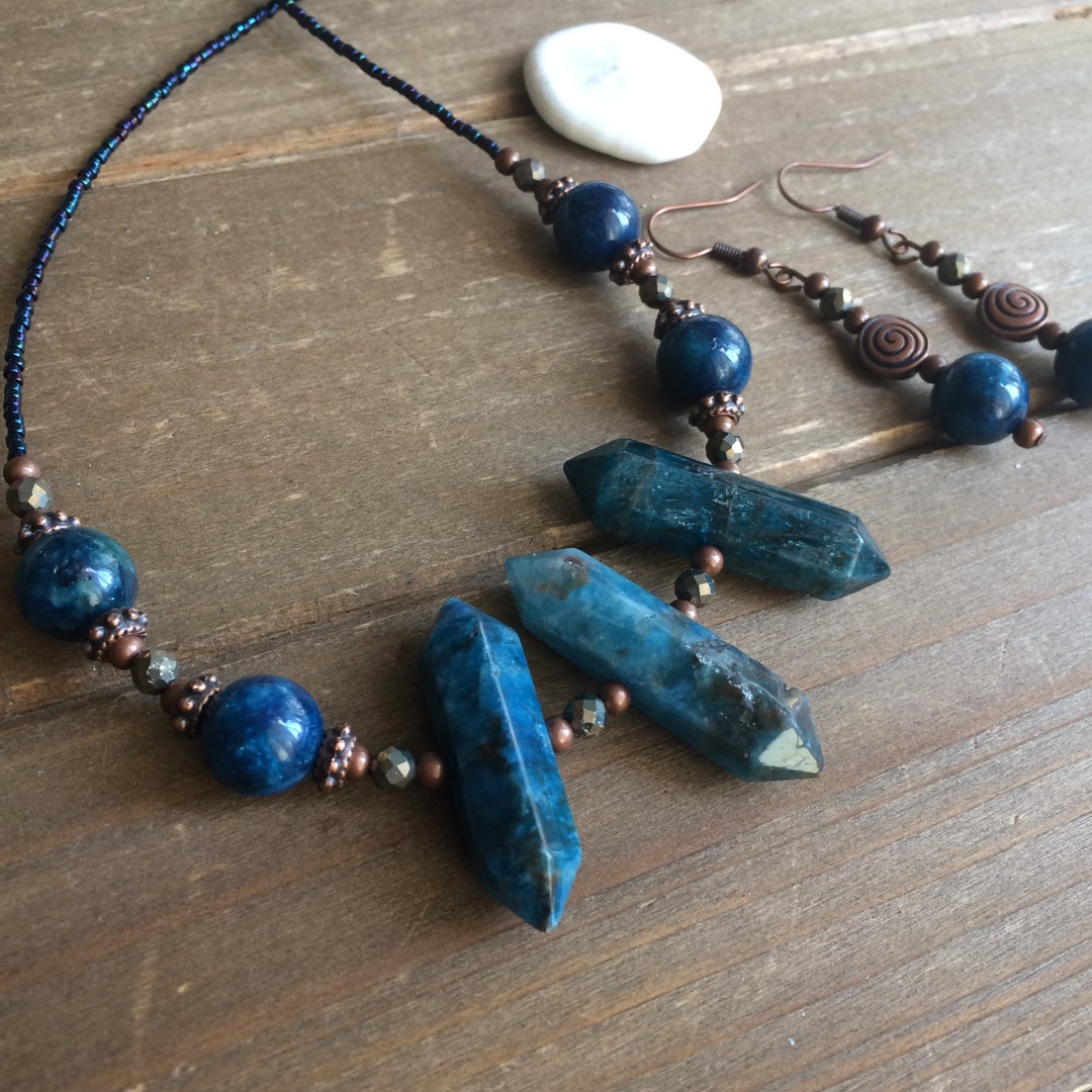 Jewelry Set Apatite Handmade Blue Pendant Necklace Earrings Set Beaded ...