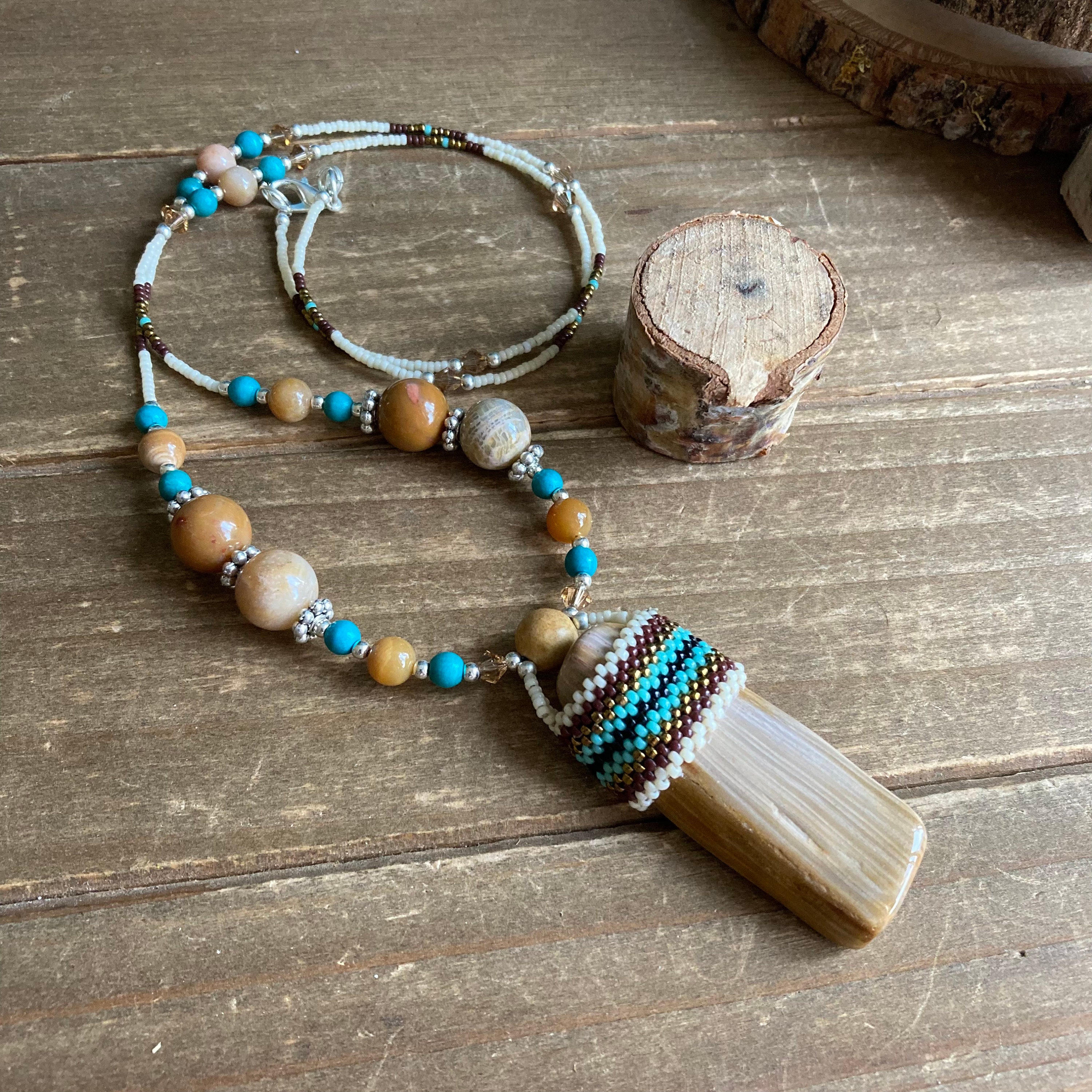 Petrified Wood Necklace Beaded Peyote 