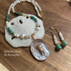 Mabe necklace set pearl blister shell pendant oval iridescent white boho beachy ocean silver surf genuine turquoise MOP unique jewelry women