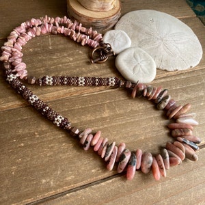 Tribal necklace Rhodonite natural stone necklace gemstone pink necklace peyote beaded boho necklace native copper unique jewelry for women