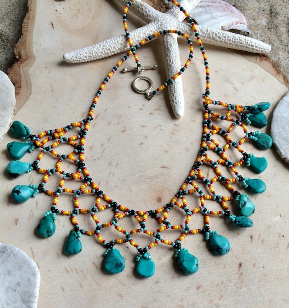 Tribal Crochet Necklace Handmade Beaded Basque American Blue Stone Seed Beads Hippie Boho Necklace Macrame Gift Unique Jewelry for Women SLD Etsy Canada