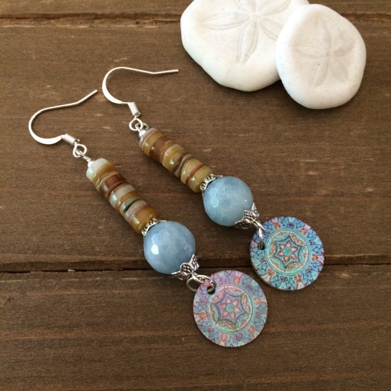 Puka shell earrings sea green blue amazonite natural stone errings dangle surfer earrings boho hippie tribal native SLD unique jewelry women