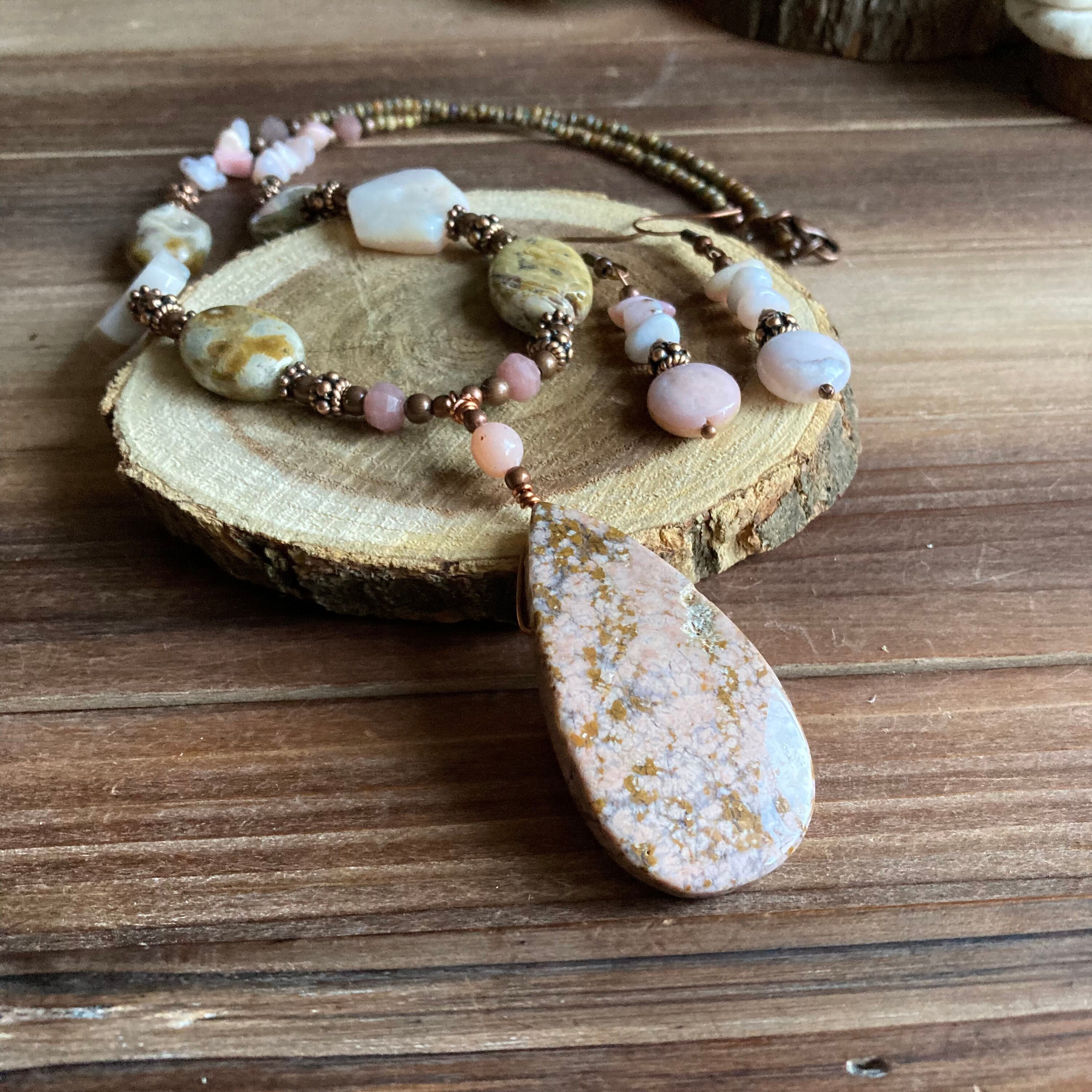 Pink Jasper Necklace Pyrite Set Pink Opal Tourmaline Beaded Native