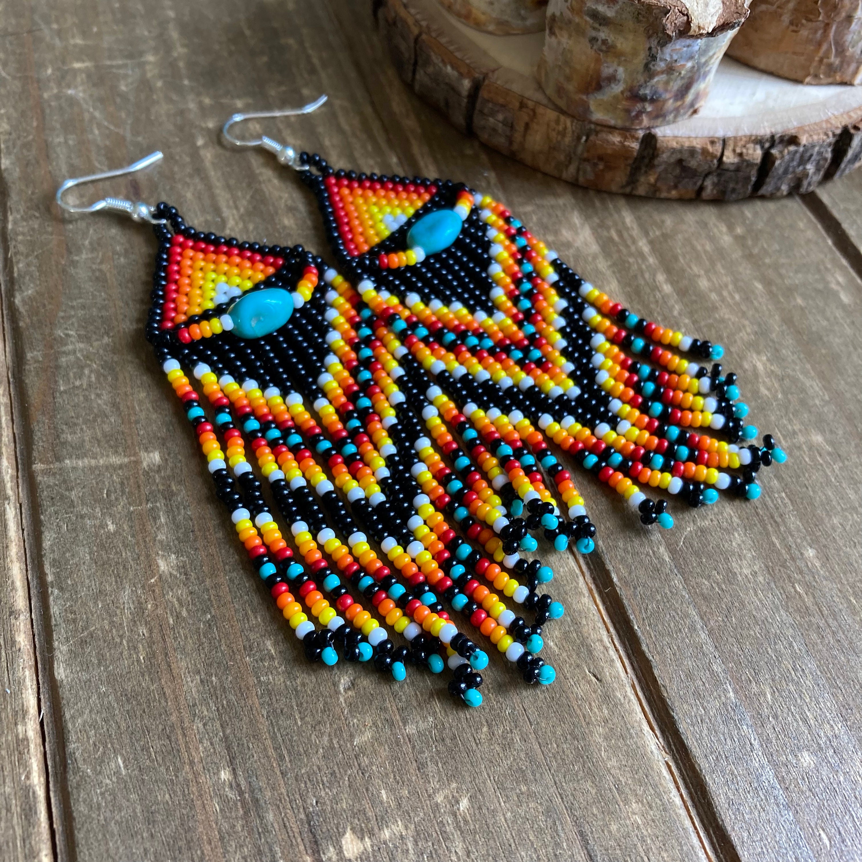Tribal Earrings Seed Beaded Brick Stitch Dangle Earrings Basque