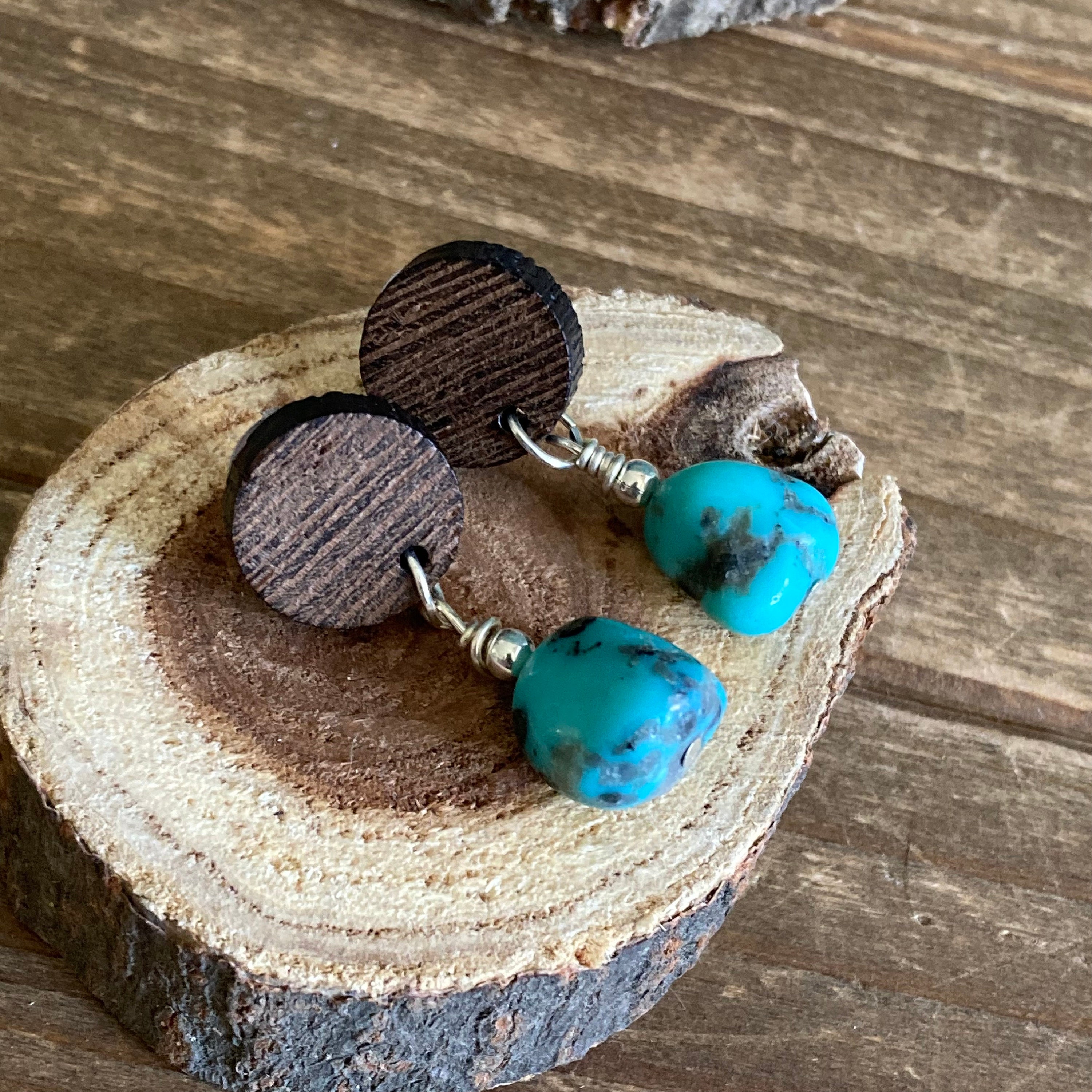Post Earrings Turquoise Genuine Stone Earrings Wood Stud Push Back