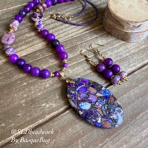 Stone jewelry set necklace earrings purple Composite stone necklace Jade set gold coral handmade beaded boho gift unique jewelry women 19