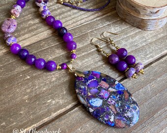 Stone jewelry set necklace earrings purple Composite stone necklace Jade set gold coral handmade beaded boho gift unique jewelry women 19