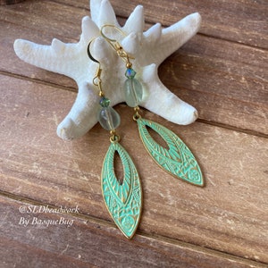 Gold earrings prehnite gemstone green Swarovski crystal teardrop earrings dangle bohemian drop earrings gift hippie unique jewelry for women