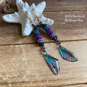 Butterfly earrings seed beaded tube earrings purple black blue Basque American beaded jewelry festival tribal gold animal jewelry for women