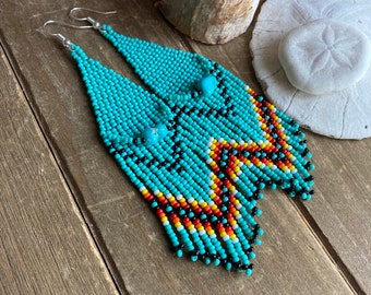 Turquoise earrings frindge seed Bead boho brick stitch dangle Native handmade earrings Sleeping beauty stone jewelry earrings for women SLD