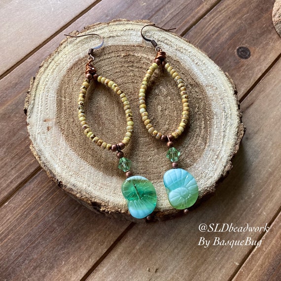 Blue Earrings Hoop Shell Glass Beads Picasso Beaded Dangle Boho