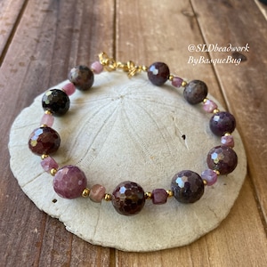Watermelon tourmaline bracelet boho natural stone bracelet handmade gold bracelet gemstone violet crystal gift unique jewelry for women SLD