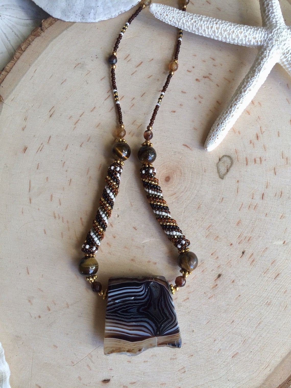 Sardonyx stone necklace brown peyote necklace beaded gemstone | Etsy