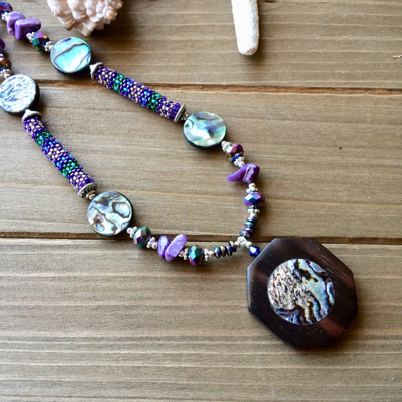 Abalone necklace shell rare kamagong hardwood necklace tribal boho necklace beach tropical gift stone wood necklace unique jewelry women SLD