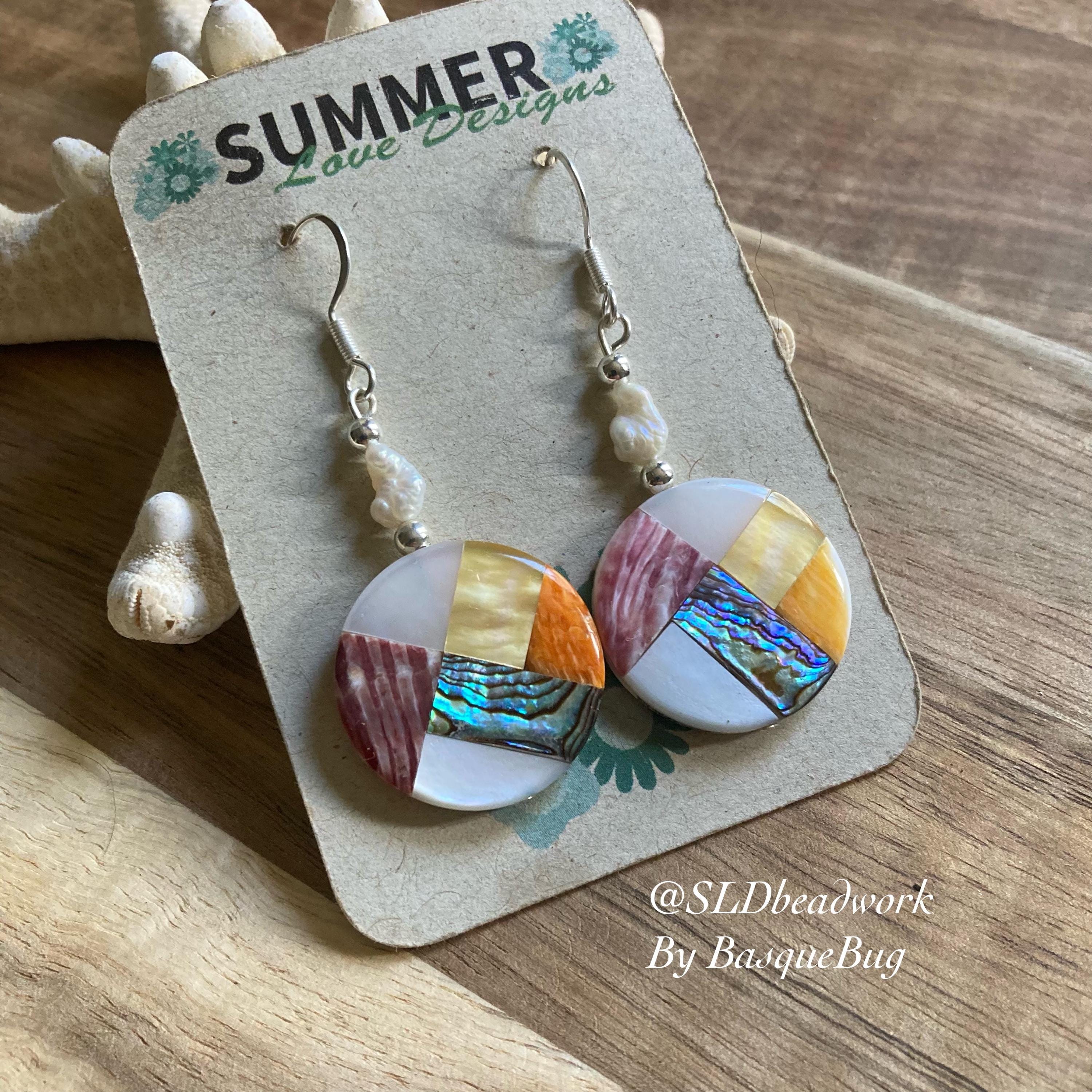 Beach Earrings Inlaid Shell Abalone Orange Oyster Rare Nautilus