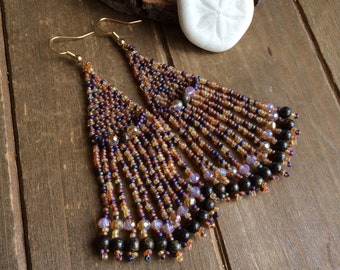 Native earrings Tribal boho brick stitch dangle earrings peach pink handmade earrings bronzite earrings fan jewelry earrings for women SLD